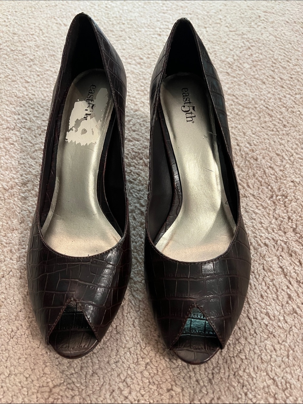 East 5th Dark Brown Croc-Embossed Peep-Toe Pumps